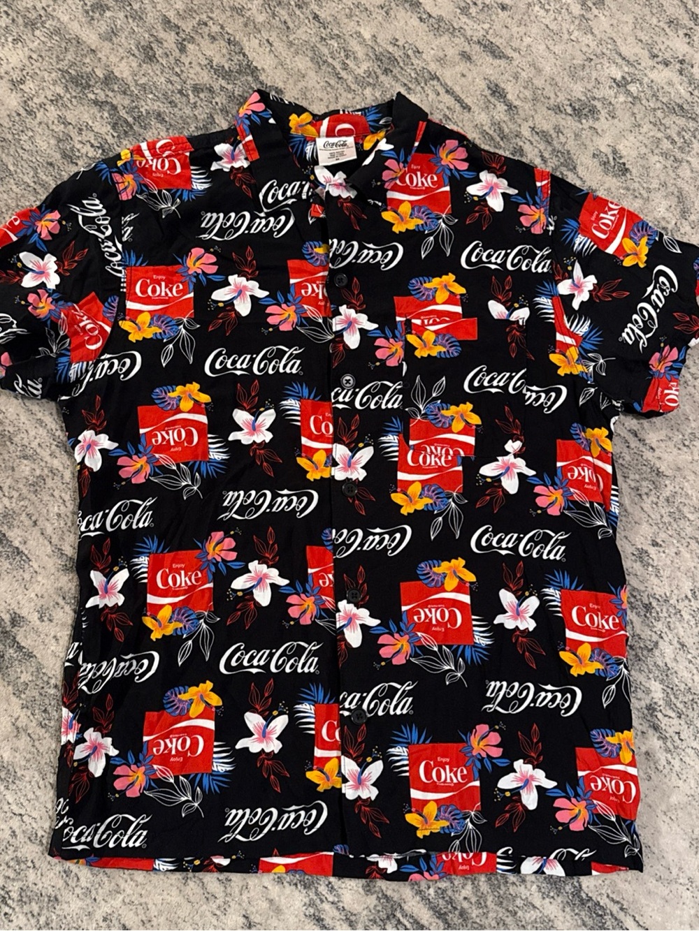 Coca Cola Black Short-Sleeve Tropical Logo Button-Down Shirt
